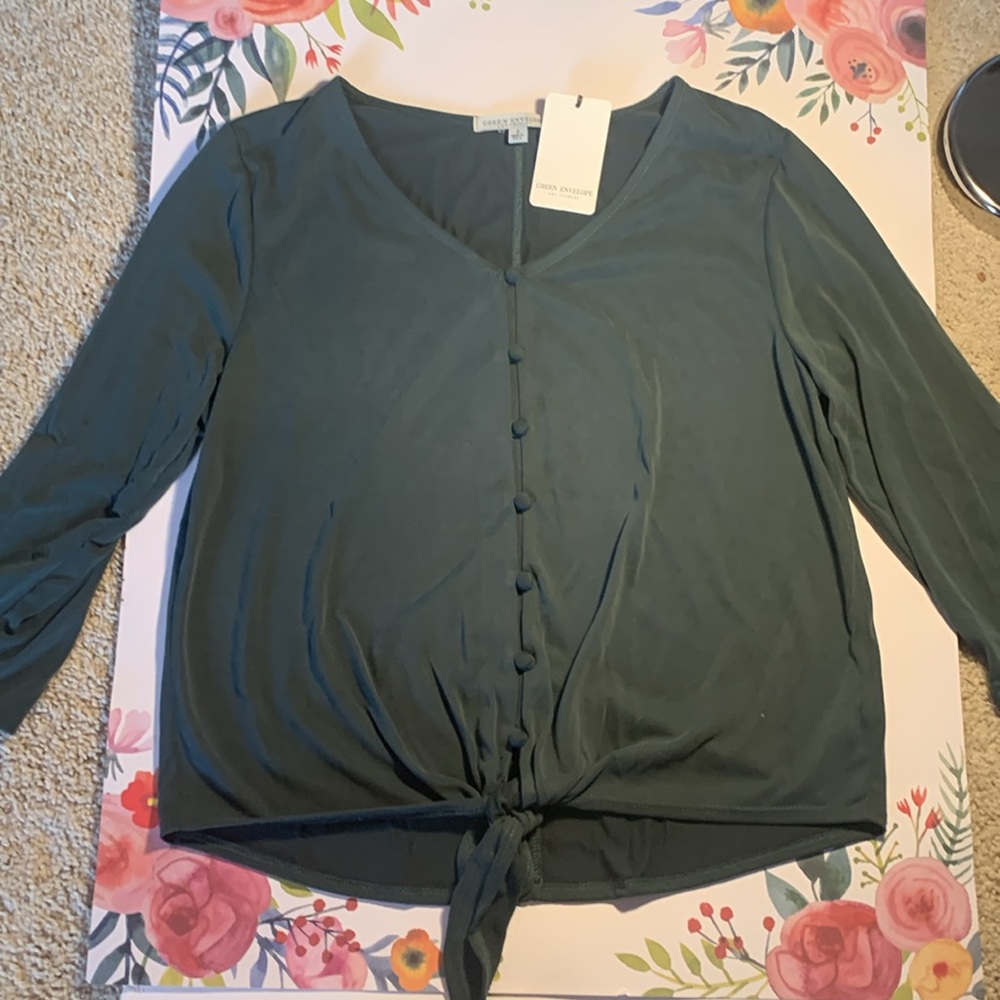 Green Blouse with Tie Front and Buttoned Design